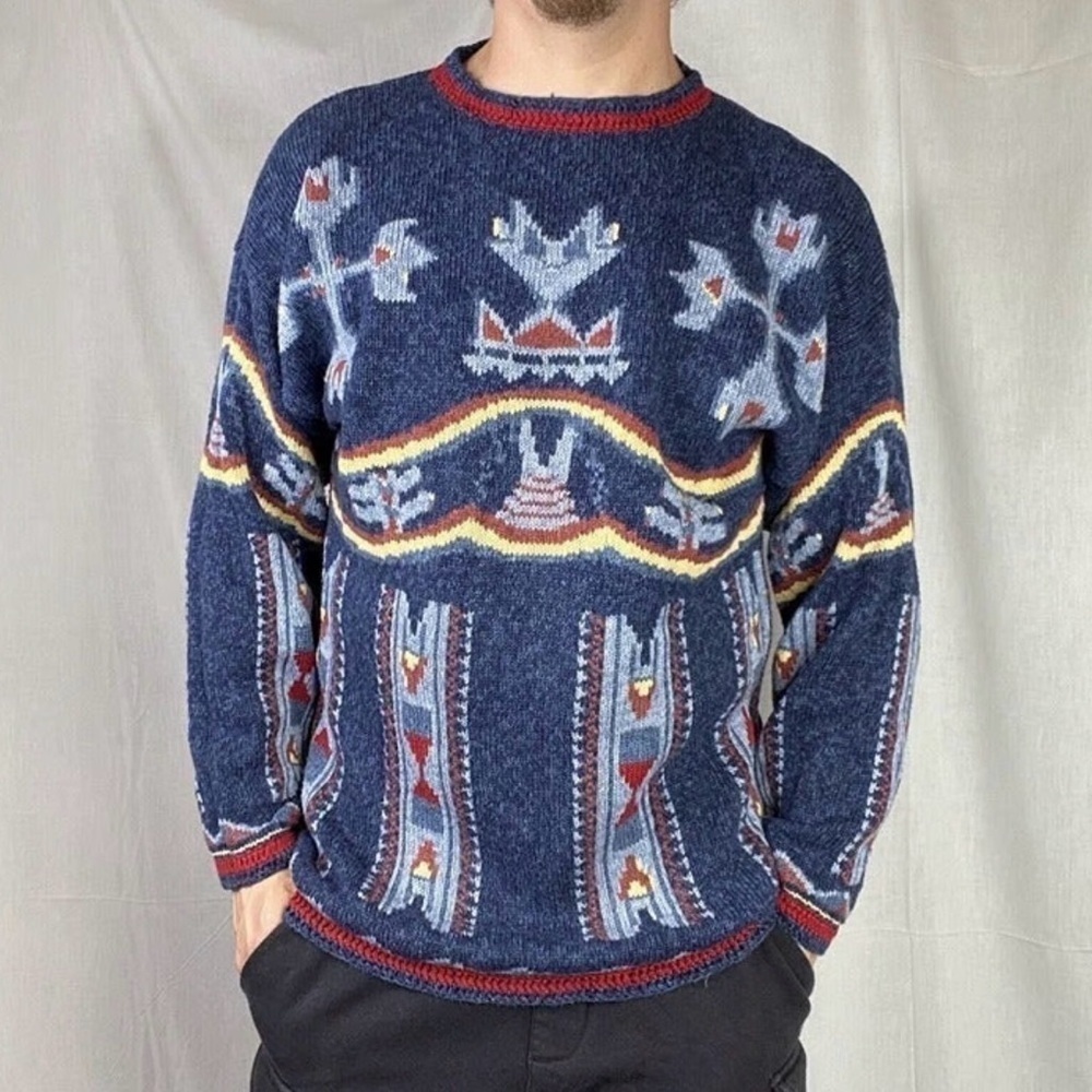 Vintage Men's Blue Aztec Tribal Grandmacore Patterned Cotton Sweater crochet hem